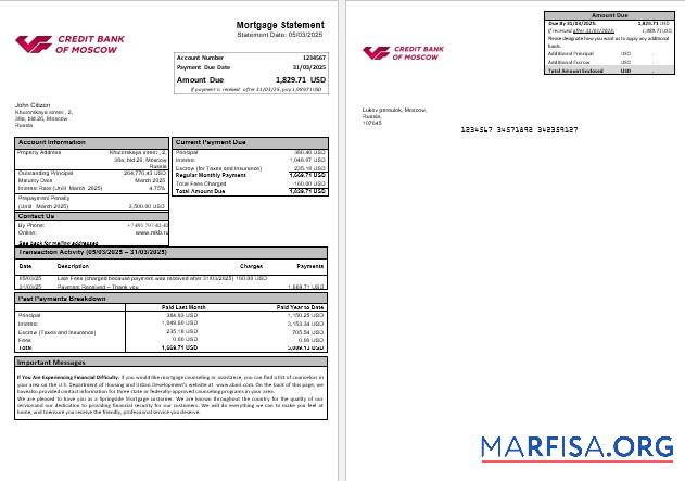 Printable Russia Credit bank of Moscow mortgage statement in Word and PDF formats template